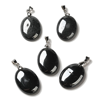 Natural Black Stone Pendants, Oval Charms with Rack Plating Platinum Plated Brass Snap on Bails, 30x21.5~22x6~6.5mm, Hole: 6x4mm