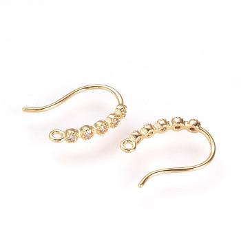 Brass Rhinestone Earring Hooks, Ear Wire, with Horizontal Loop, Nickel Free, Real 18K Gold Plated, 15x10x2mm, Hole: 1mm, 20 Gauge, Pin: 0.8mm