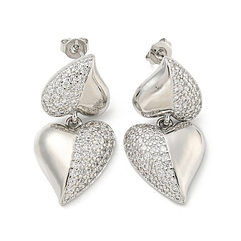 Heart Brass Pave Clear Cubic Zirconia Stud Earrings, Platinum, 30x15.5mm