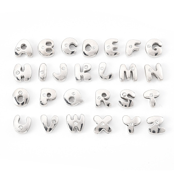 Letter Slider Beads for Watch Band Bracelet Making, Platinum Plated Alloy Crystal Rhinestone Slide Charms, Cadmium Free & Nickel Free & Lead Free, Letter A~Z, 11~13x9~11.5x4~5mm, Hole: 7.5~8x1mm, about 26pcs/set