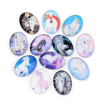 Flatback Glass Cabochons, for DIY Projects, Unicorn Pattern, Oval, Mixed Color, 25x18x5.5mm