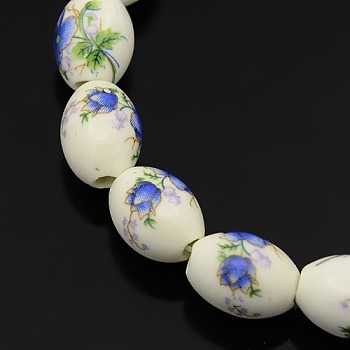 Handmade Flower Printed Porcelain Oval Beads Strands, Royal Blue, 16x11mm, Hole: 3mm, about 23pcs/strand, 14 inch