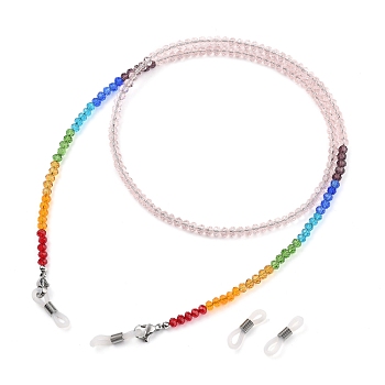 Chakra Eyeglasses Chains, Neck Strap for Eyeglasses, with Faceted Rondelle Transparent Glass Beads and 304 Stainless Steel Lobster Claw Clasps, Pink, 27.95 inch(71cm)