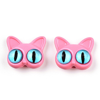 Spray Painted Alloy Beads, with Glass Eye, Cat Head, Hot Pink, 14x16.5x7mm, Hole: 1.5mm