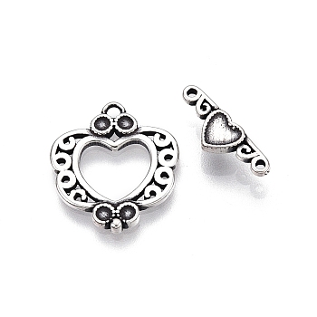 Jewelry Clasps, 925 Sterling Silver Ring Toggle Clasps, with S925 Stamp, Heart, Antique Silver, 17x15x1.5mm, Hole: 1.5mm, Bar: 5mm wide, 14mm long, 1mm thick, hole: 1.4mm