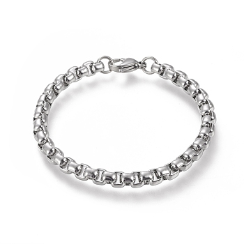 304 Stainless Steel Box Chain Bracelets, with Lobster Claw Clasps, Stainless Steel Color, 19.4cm(7-5/8 inch)