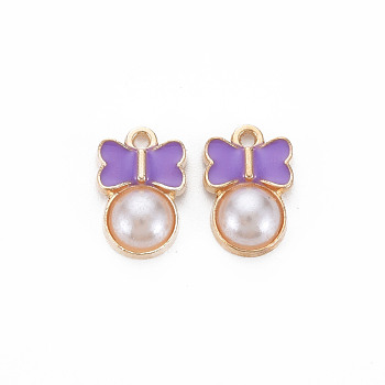 Alloy Enamel Charms, with ABS Plastic Imitation Pearl, Bowknot, Light Gold, Dark Orchid, 15x10x4mm, Hole: 1.2mm