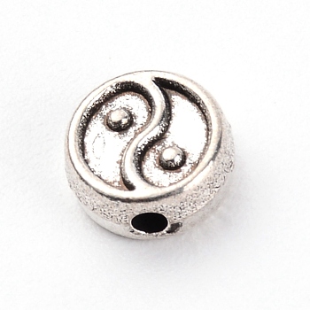 Zinc Alloy Beads, Flat Round with YinYang, Antique Silver, 8.5x4mm, Hole: 1.6mm