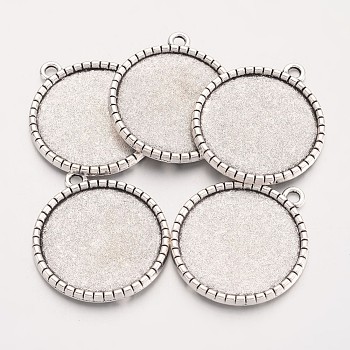 Tibetan Style Flat Round Alloy Pendant Cabochon Settings, Cadmium Free & Lead Free, Antique Silver, Tray: 25mm, 32x28.5x2.5mm, Hole: 3mm