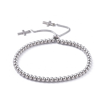 Adjustable 304 Stainless Steel Slider Bracelets, Bolo Bracelets, Cross, Stainless Steel Color, 9-1/8 inch(23.2cm)