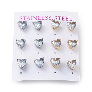 6 Pair 2 Color Heart Cubic Zirconia Stud Earrings, Golden & Stainless Steel Color 304 Stainless Steel Earrings, Clear, 9x9mm, 3 Pair/color