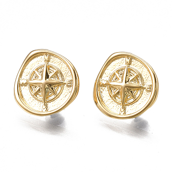 Brass Stud Earring Findings, with Loop, Real 18K Gold Plated, Compass, 12.5x13mm, Hole: 2mm, Pin: 0.8mm