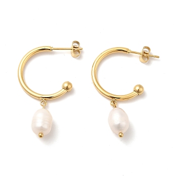 Natural Pearl Dangle Stud Earrings, Ion Plating(IP)304 Stainless Steel Half Hoop Earrings for Women, Golden, 36mm, Pin: 0.8mm