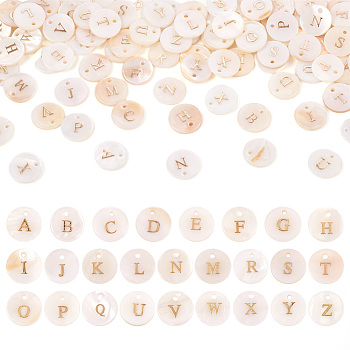 Pandahall Freshwater Shell Charms, Flat Round with Gold Blocking Letter, Letter A~Z, 11.5x2mm, Hole: 1.5mm, 104pcs/box