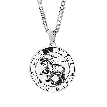 Unisex 201 Stainless Steel Constellation Pendant Necklaces, with Curb Chains, Laser Engraved Pattern, Flat Round, Capricorn, 13.19 inch(335mm) 