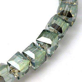 Electorplated Glass Beads, Rainbow Plated, Faceted, Cube, Dark Sea Green, 7x7x7mm, Hole: 1mm