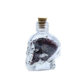 Natural Garnet Diaplay Decorations, Reiki Energy Stone Chip Skull Shaped Wishing Bottle, 35x44mm