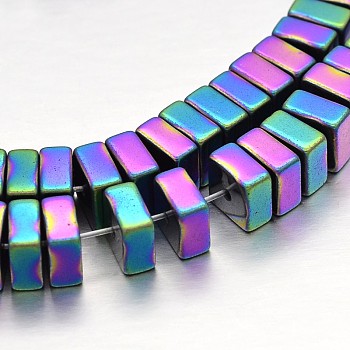 Cube Electroplate Non-magnetic Synthetic Hematite Beads Strands, Rainbow Plated, 6x6x3mm, Hole: 1mm, about 123pcs/strand, 15.3 inch