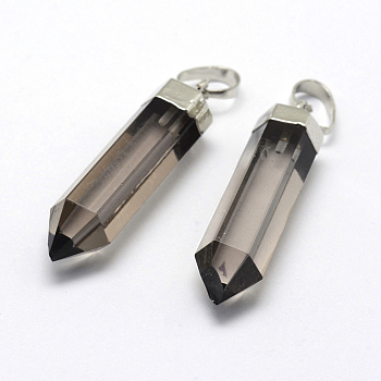 Natural Smoky Quartz Pointed Pendants, with Brass Findings, Dyed & Heated, Long-Lasting Plated, Bullet, Silver, 28.5~29x6.5mm, Hole: 3.5x6mm
