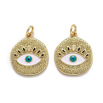 5Pcs Brass Enamel Pendants, with Jump Ring, Long-Lasting Plated, Real 18K Gold Plated, Flat Round with Evil Eye, Seashell Color, 19x16x2mm, Hole: 3.6mm