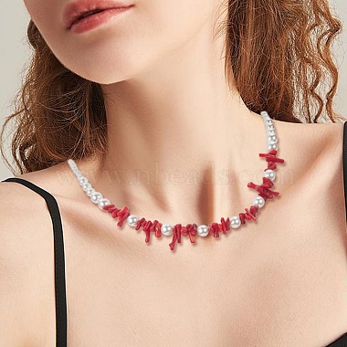 Dyed Synthetic Red Coral Chips & Natural Shell Pearl Graduated Beaded Necklaces for Women(NJEW-TA00065)-7