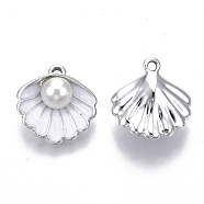 Alloy Pendants, with ABS Plastic Imitation Pearl & Enamel, Shell with Pearl, Platinum, White, 16x15x7mm, Hole: 1.5mm(ENAM-S119-034A-05P)