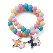 Round Natural White Jade Beaded Stretch Charm Bracelets Sets, with Alloy Enamel Pendants, Star with Unicorn, Mixed Color, Inner Diameter: 2-1/4 inch(5.8cm), 2pcs/set(BJEW-JB05428)