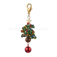 Christmas Tree Glass Seed Beads & Natural Tiger Eye Pendant Decorations, Lobster Claw Clasps and Brass Bell Charms for Bag Ornaments, Red, 70mm(HJEW-MZ00075-02)