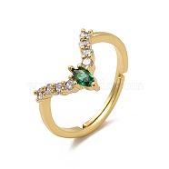 Green Cubic Zirconia Oval Adjustable Ring, Rack Plating Brass Jewelry for Women, Cadmium Free & Lead Free, Real 18K Gold Plated, Inner Diameter: 16.5~22mm(RJEW-C048-15G)