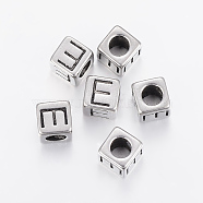 304 Stainless Steel Large Hole Letter European Beads, Cube with Letter.E, Antique Silver, 8x8x8mm, Hole: 5mm(STAS-H428-01AS-E)