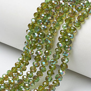 Electroplate Glass Beads Strands, Half Plated, Rainbow Plated, Faceted, Rondelle, Yellow Green, 6x5mm, Hole: 1mm, about 85~88pcs/strand, 16.1~16.5 inch(41~42cm)(EGLA-A034-T6mm-J05)