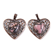 Natural Rhodonite Peach Love Heart Pendants, Rack Plating Brass Hollow Heart Charms, Cadmium Free & Lead Free, Red Copper, 29.5x30.5x7.5mm, Hole: 7.5x5mm(G-G158-01-14)