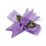 Polyester Brooch, with Iron Findings, Bowknot with Flower, Purple, 50~53x47~48mm(JEWB-I011-04C)