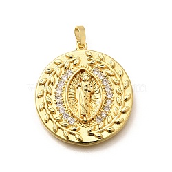 Religion Themed Rack Plating Brass Micro Pave Cubic Zirconia Pendants, Long-Lasting Plated, Lead Free & Cadmium Free, Mixed Shape Charms, Oval, 32.5x29.5x4.5mm, Hole: 5x3mm(KK-L226-007G-11)