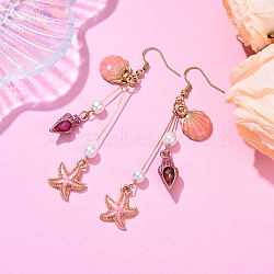 304 Stainless Steel Starfish with Shell Shape Dangle Earrings, with Alloy & Enamel & Glass Pearl, Marine Theme, Light Gold, Pink, 80mm(EJEW-YW00012-02)