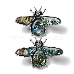 Tibetan Style Alloy Insect Brooches, with Natural Paua Shell, Antique Silver, 36x56.5x10.5mm(JEWB-A021-03AS-01)