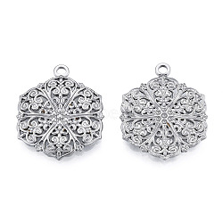 201 Stainless Steel Pendants, Hexagon with Flower, Stainless Steel Color, 28.5x23x2.5mm, Hole: 2mm(X-STAS-N098-206P)