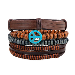 Multi-strand Bracelets, Stackable Bracelets, with Imitation Leather, Waxed Cotton Cord, Wooden Bead and Hemp Rope, Peace Sign, Coconut Brown, 60mm(2-3/8 inch), 4strands/set(BJEW-N0011-019)