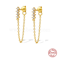 Cubic Zirconia Bar with Chains Tassel Dangle Stud Earrings for Women, 925 Sterling Silver Jewelry, Real 18K Gold Plated, 26.5x2mm(EJEW-F317-12G)