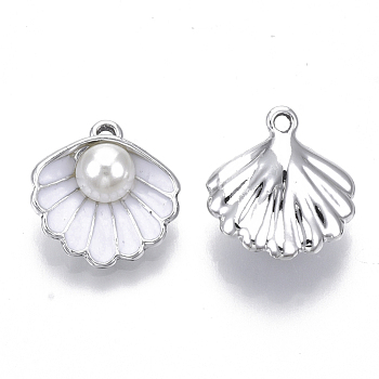Alloy Pendants, with ABS Plastic Imitation Pearl & Enamel, Shell with Pearl, Platinum, White, 16x15x7mm, Hole: 1.5mm
