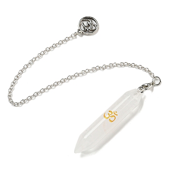 Bullet Natural Quartz Crystal Pointed Dowsing Pendulums, with Rack Plating Antique Silver Plated Brass Pendants Ohm/Aum Findings, 240mm