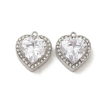 304 Stainless Steel Pendants, with Glass and Rhinestone, Heart Charms, Clear, 16x14x5.7mm, Hole: 1.4mm