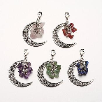 Natural Gemstone Big Pendants, with Alloy Pendants and Brass Lobster Claw Clasps, Mixed Metal Color, Moon, Mixed Color, 55mm