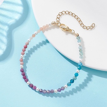 Natural Ruby & Apatite & Sunstone & Rhodonite & Amethyst & Shell Pearl Beaded Bracelets for Women, Round, 6.97 inch(17.7cm)