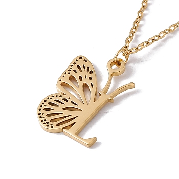 Initial Letter with Butterfly Pendant Necklace, Golden 304 Stainless Steel Jewelry for Women, Letter.L, Pendant: 22x17x1mm, 15.55 inch(39.5cm)