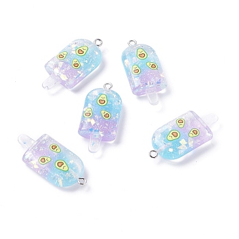 Resin Pendants, with Platinum Tone Iron Loop, Imitation Food, Ice-lolly with Fruit, Avocado Pattern, 37x16.5x17.5mm, Hole: 2mm