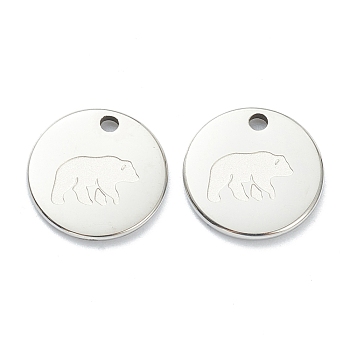 304 Stainless Steel Charms, Flat Round with Bear, Stainless Steel Color, 11.5x1mm, Hole: 1.5mm
