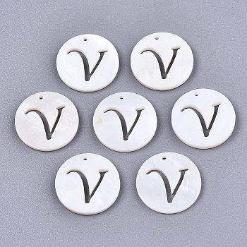 Natural Freshwater Shell Charms, Flat Round with Hollow Out Letter, Letter.V, 14.5x1.5mm, Hole: 0.9mm