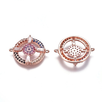 Brass Micro Pave Cubic Zirconia Links connectors, Compass, Rose Gold, 17x21.2x4mm, Hole: 1mm