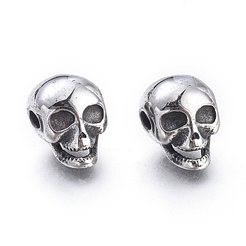 Halloween 304 Stainless Steel Beads, Skull Head, Antique Silver, 12x8.5x9mm, Hole: 1.8mm